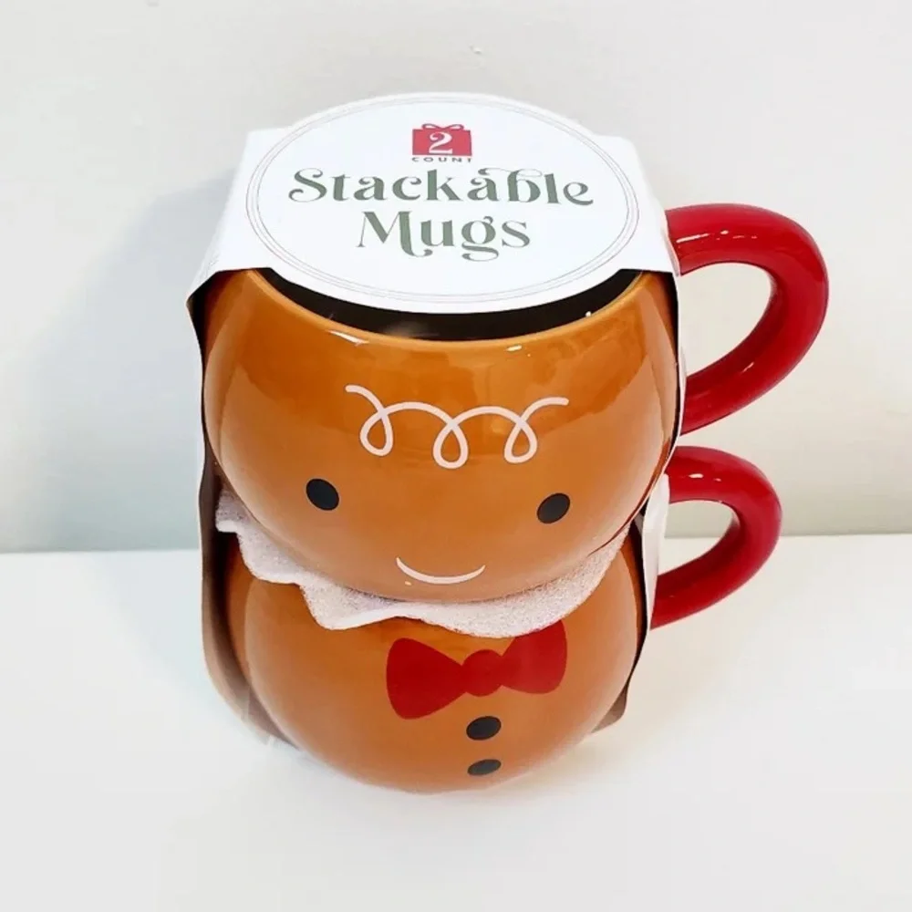 🆕 Target Stackable Gingerbread Man Mugs Set of 2 Mugs, Christmas Holiday Decor